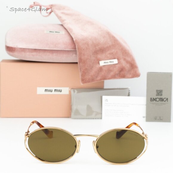 Miu Miu Women Sunglasses Brass Gold Dark Brown Oval MU52YS 7OE01T BRAND NEW main image 5